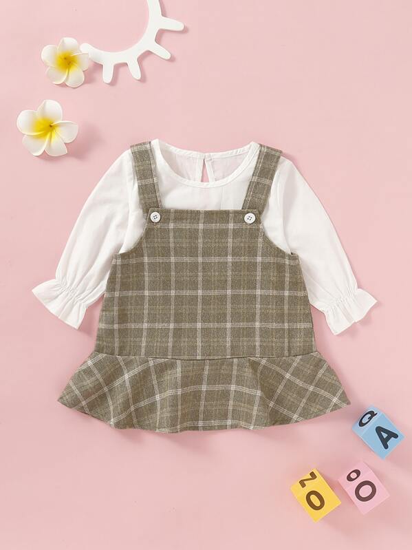 

Baby Girl Flounce Sleeve Top With Tweed Pinafore Dress, Multicolor