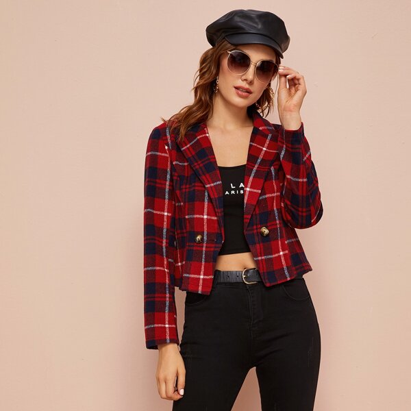 

Tartan Double Button Crop Blazer, Red
