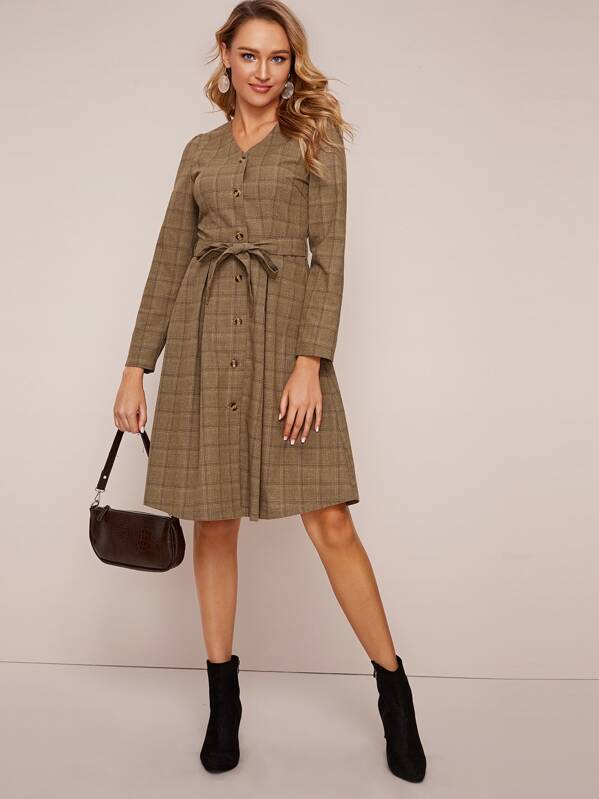 

Plaid Button Front Belted Midi Shirt Dress, Khaki, Sasa