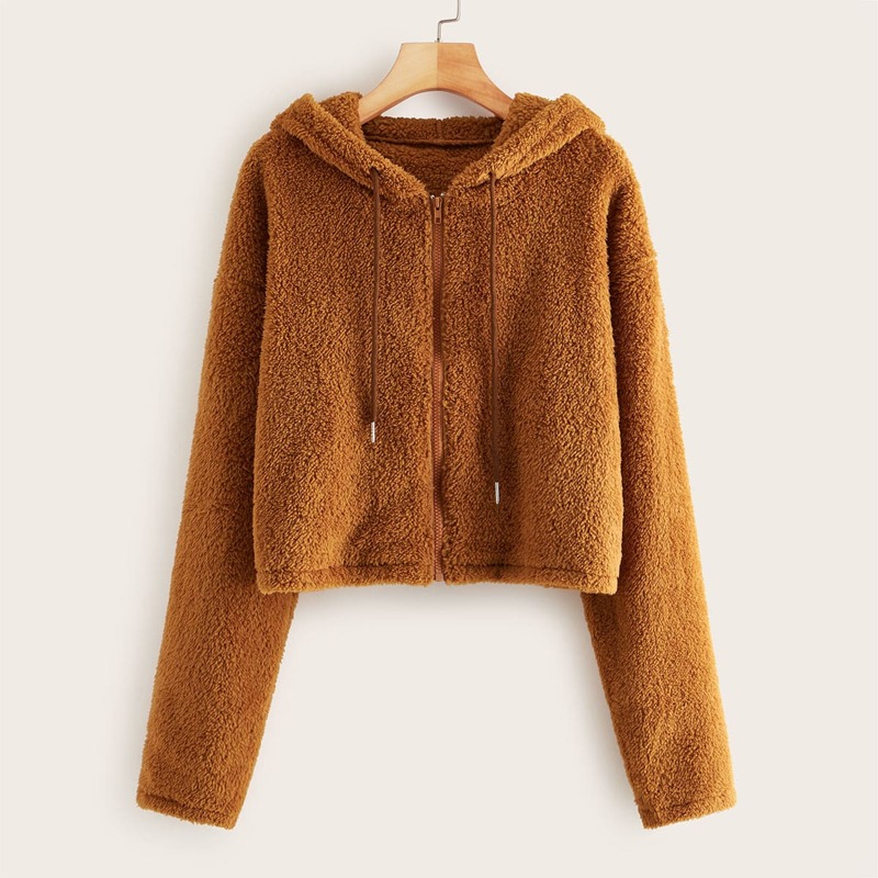 

Solid Zip-up Drawstring Hooded Teddy Jacket, Brown