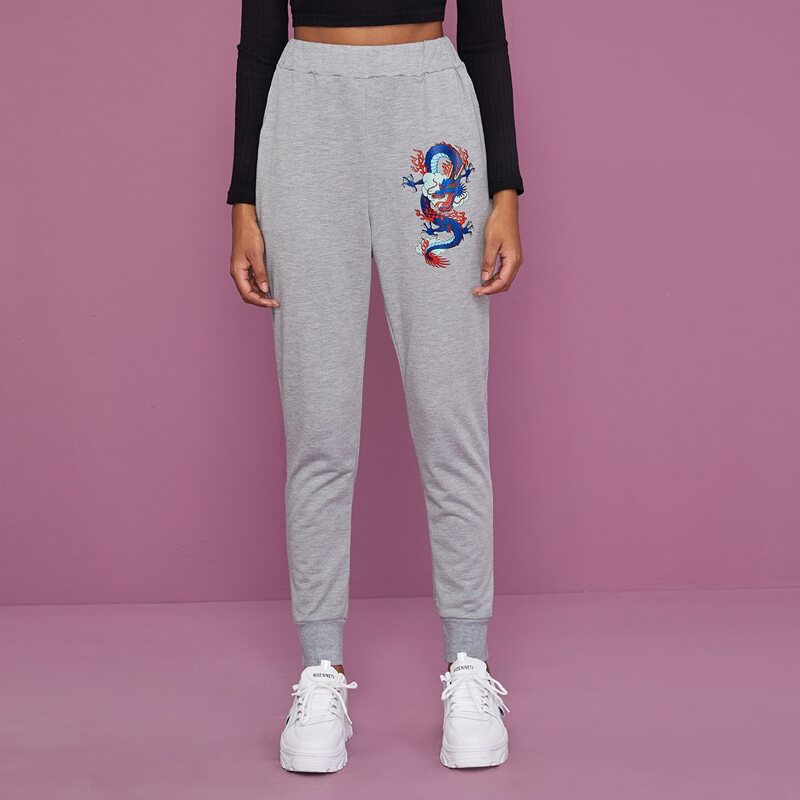 

Dragon Print Elastic Waist Sweatpants, Grey