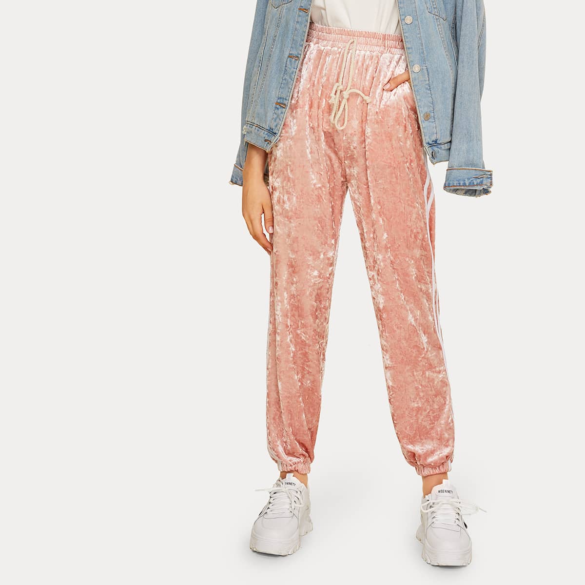 

Side Stripe Drawstring Waist Velvet Sweatpants, Pink