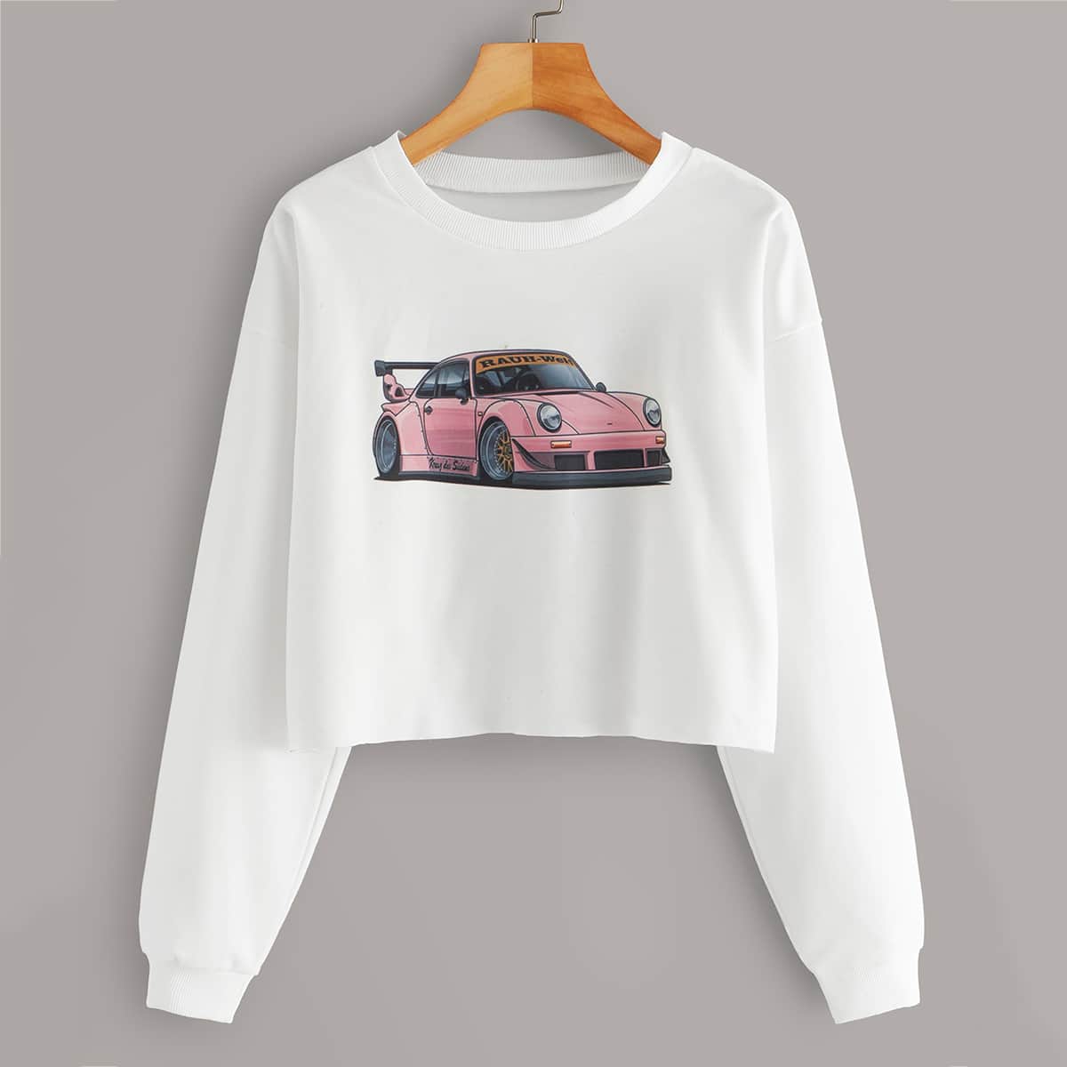 

Car Print Crew Neck Crop Sweatshirt, White
