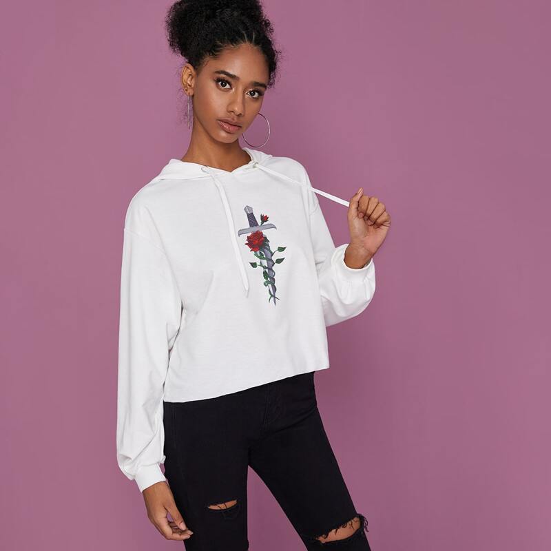 

Rose Print Drawstring Hoodie, White