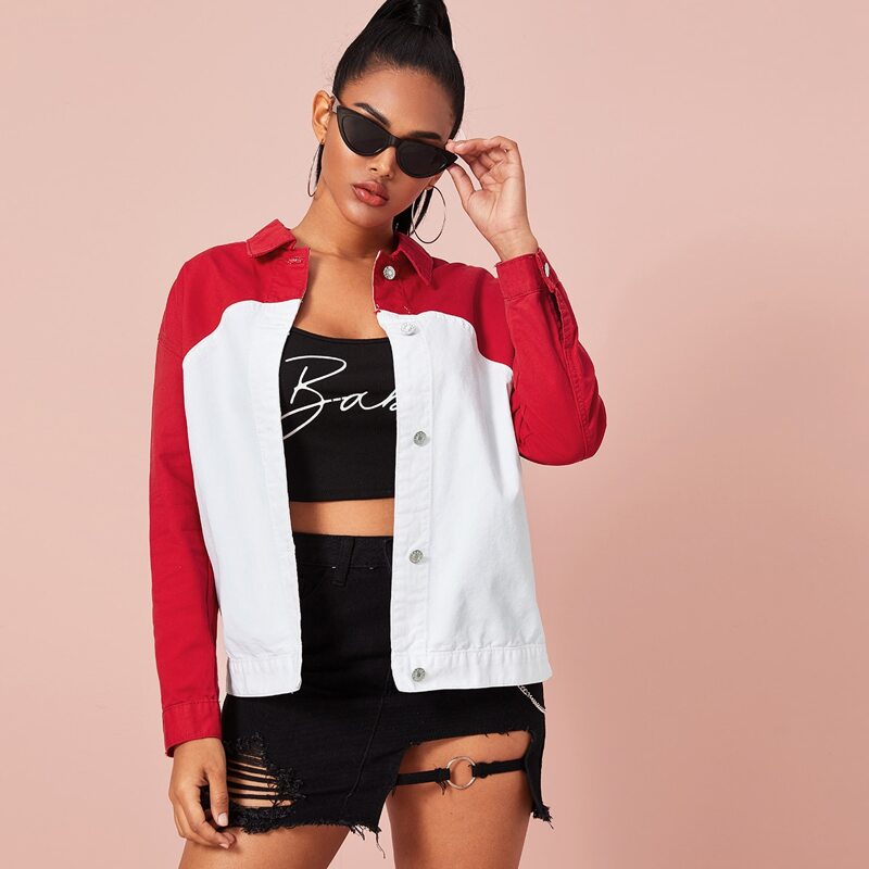 

Color Block Button Front Denim Jacket, Multicolor
