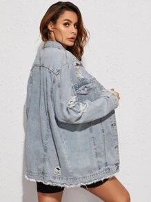 SHEIN Essnce 淺色水洗毛邊下擺破洞長款牛仔夾克