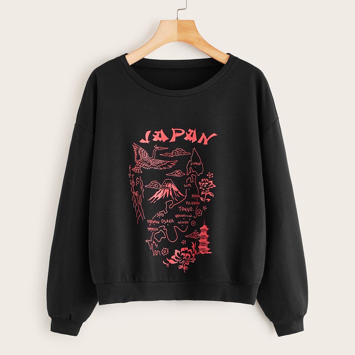 

Graphic Print Drop Shoulder Sweatshirt, Black