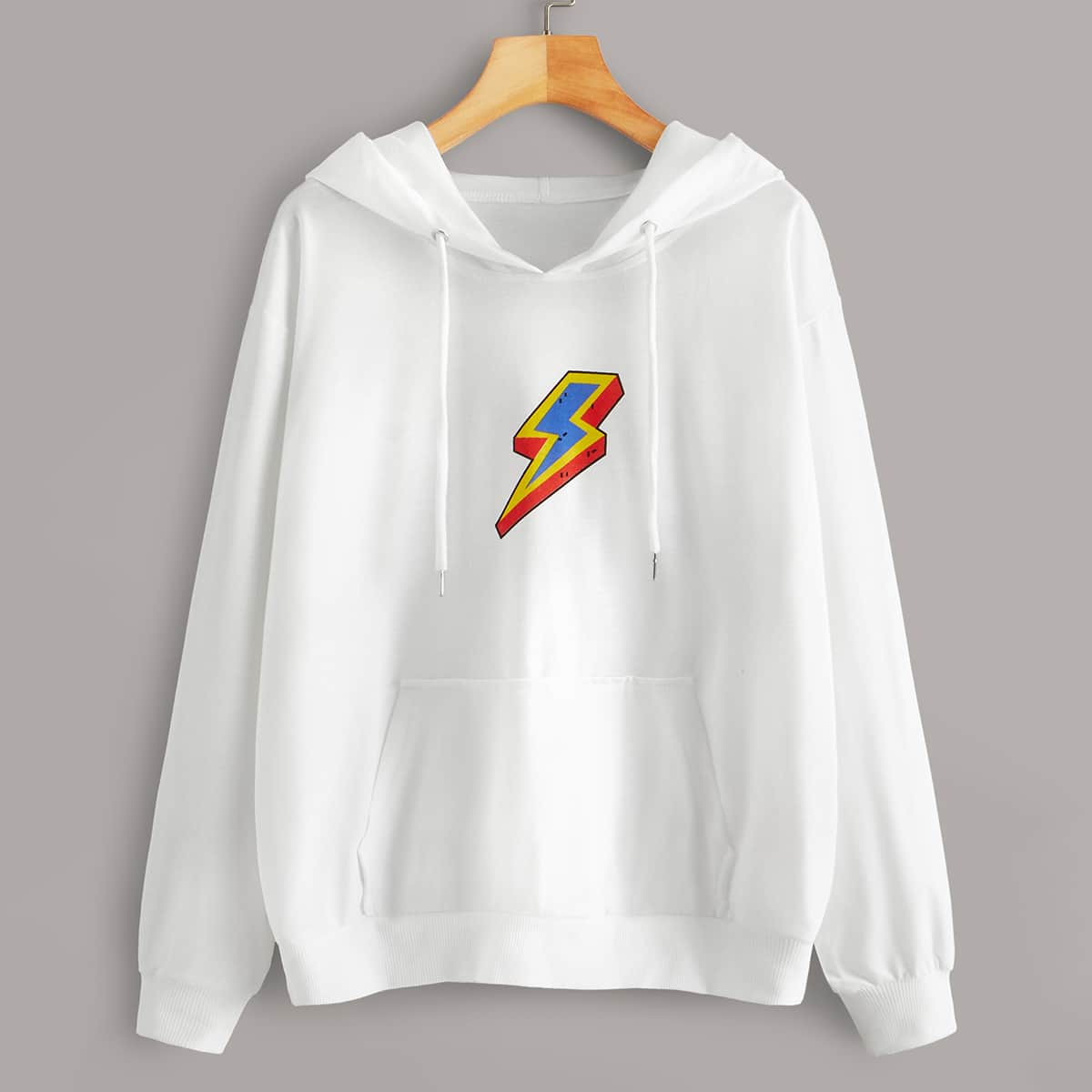 

Lightning Print Kangaroo Pocket Drawstring Hoodie, White
