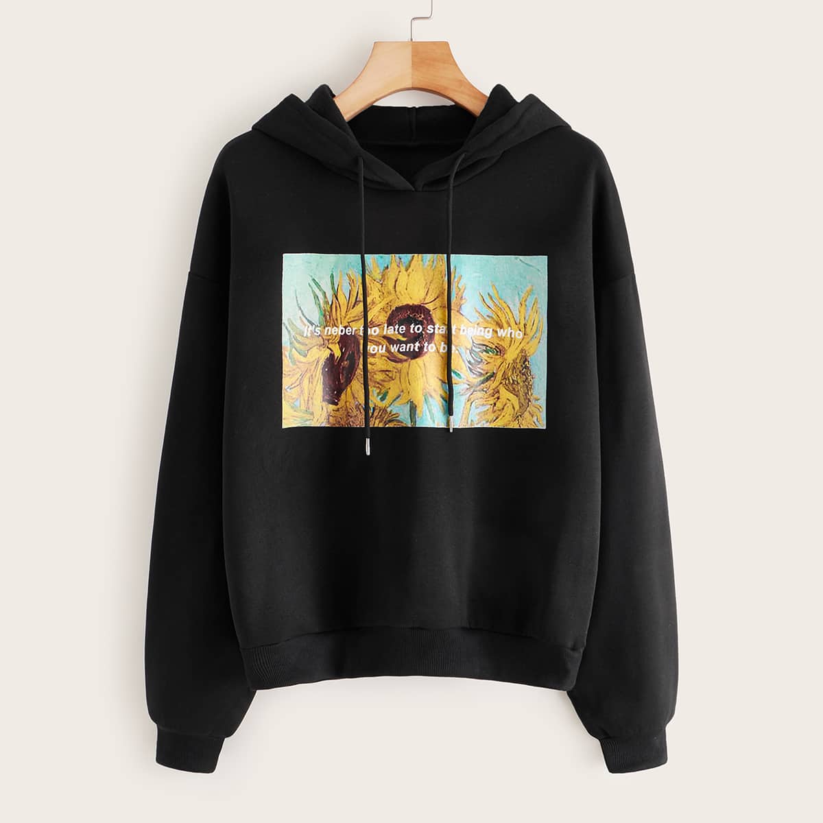 

Sunflower Graphic Drawstring Hoodie, Black