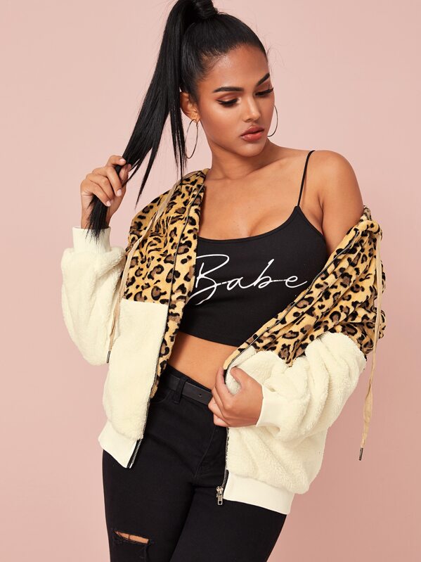 

Leopard Color-block Drawstring Hooded Teddy Jacket, Multicolor, Tina