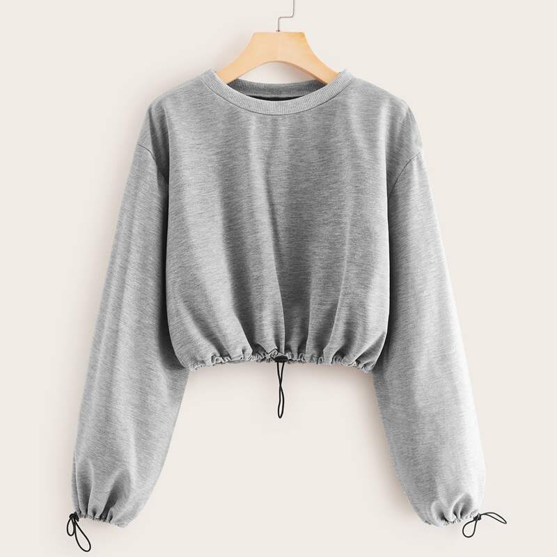

Solid Drawstring Hem Crop Sweatshirt, Grey