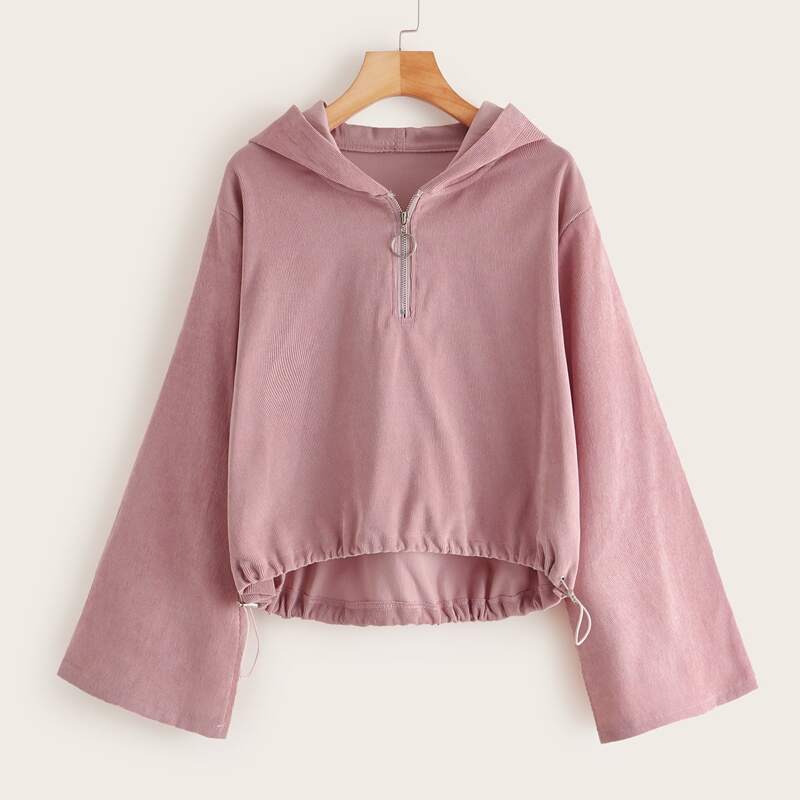 

Half Zip Drawstring Hem Solid Corduroy Hoodie, Pink