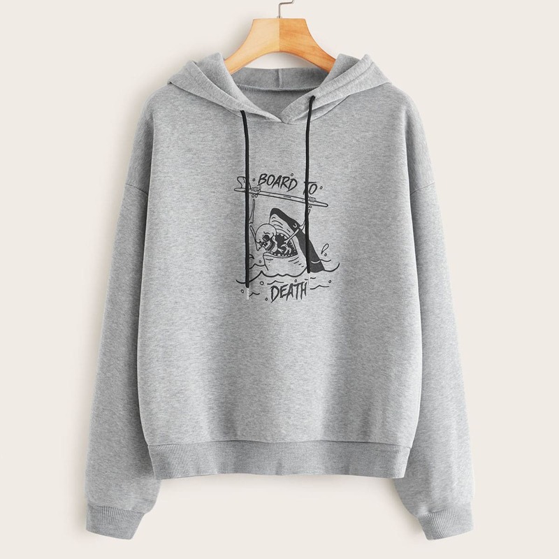 

Halloween & Letter Graphic Drawstring Hoodie, Grey