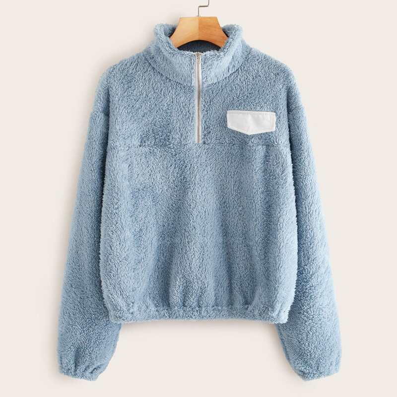 

Half Zip Drop Shoulder Teddy Sweatshirt, Blue