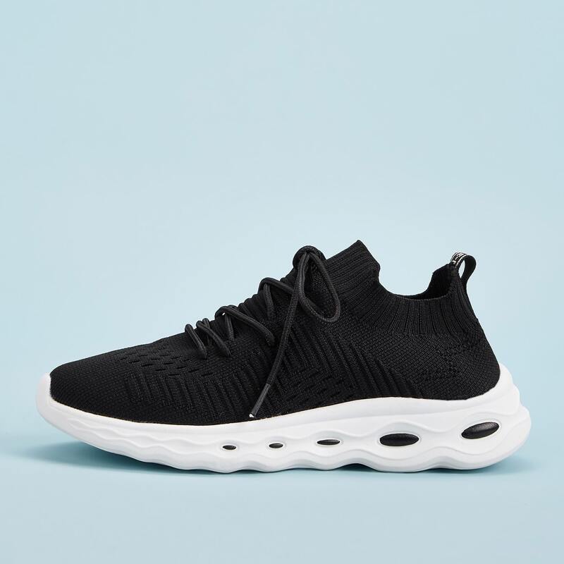 

Lace-up Front Knit Trainers, Black and white