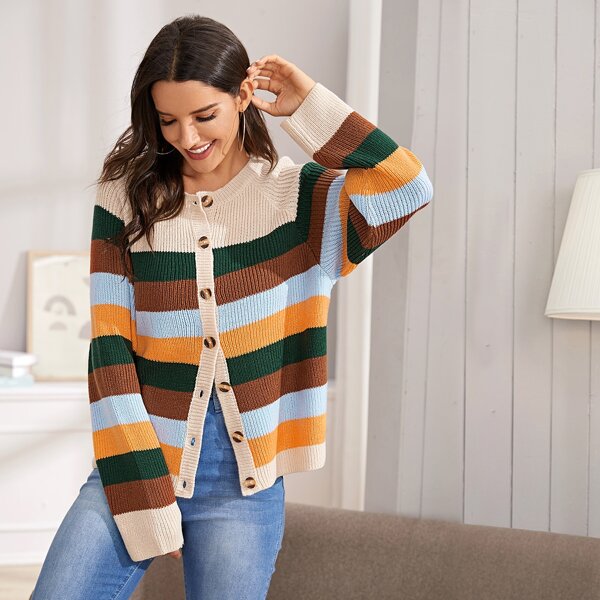 

Colorblock Striped Button Front Raglan Sleeve Cardigan, Multicolor