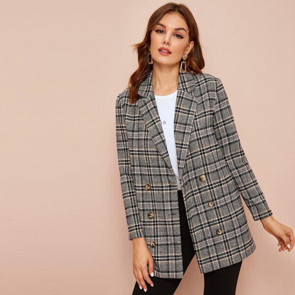 

Plaid Double Button Pea Coat, Grey