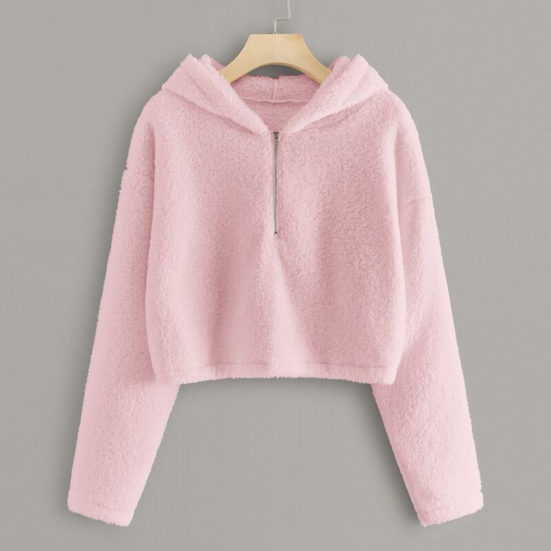 

Solid Half Zip Crop Teddy Hoodie, Pink