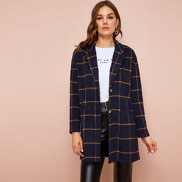 

Grid Single Breasted Coat, Navy