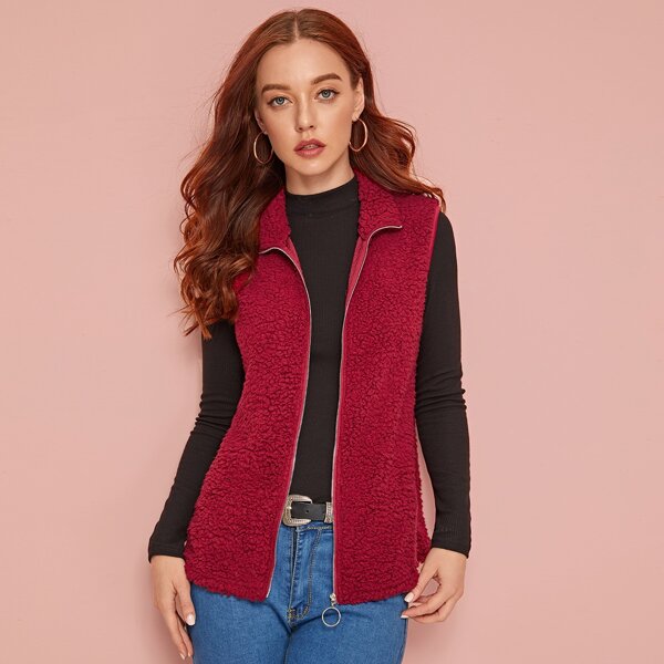 

O-ring Zip Up Teddy Vest, Red