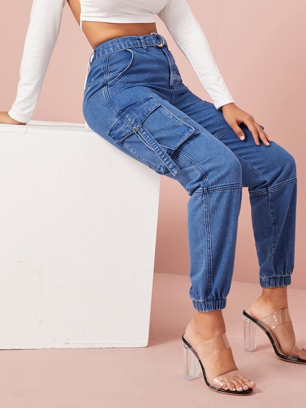 

Flap Pocket Buckle Belted Cargo Jeans, Blue, Tina
