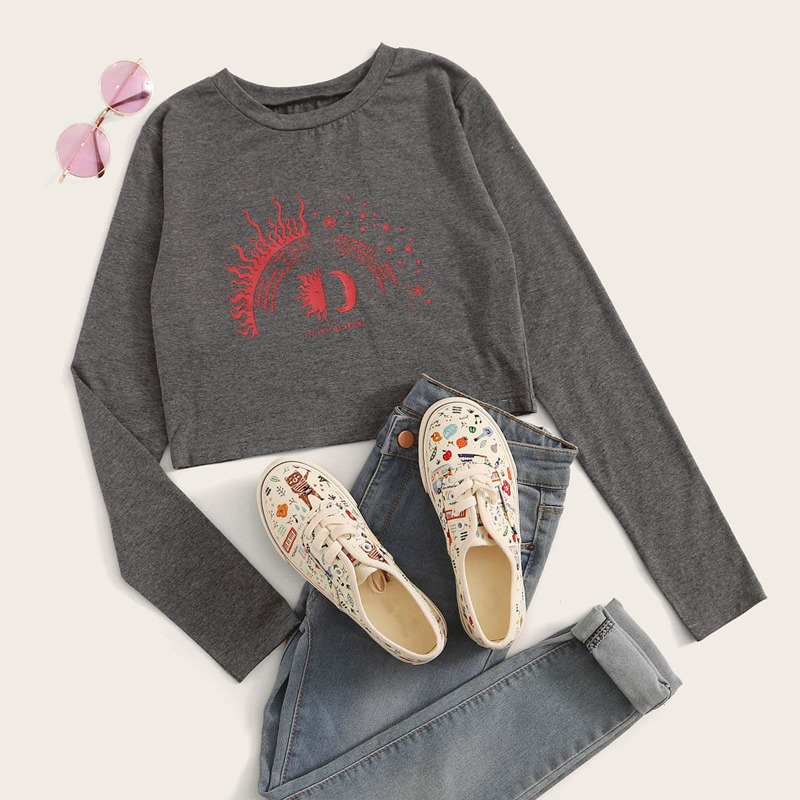 

Graphic Print Crew Neck Tee, Grey