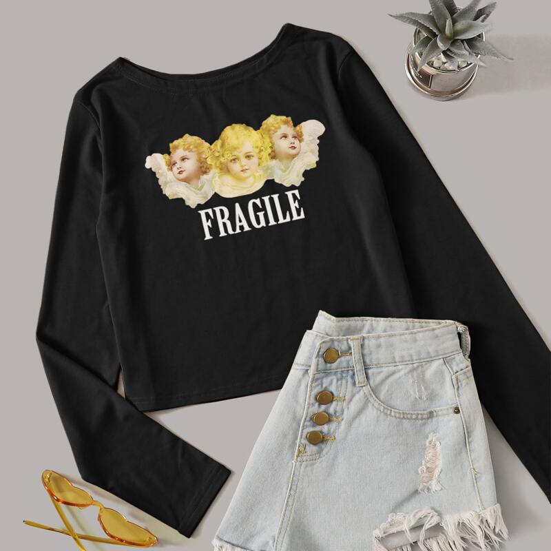

Angel & Letter Graphic Long Sleeve Tee, Black
