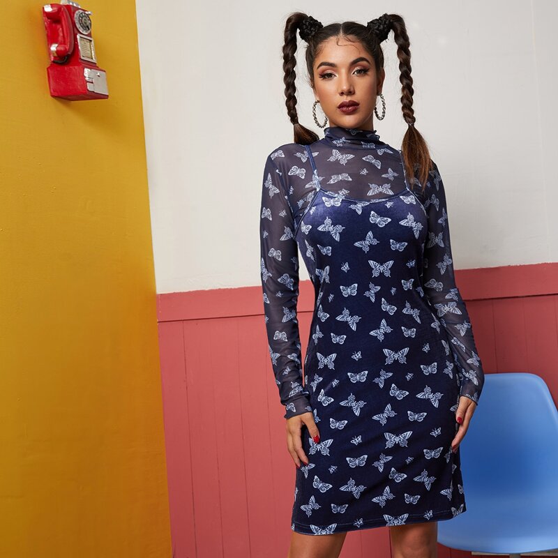 

All Over Butterfly Print Velvet Cami Dress Without Top, Navy