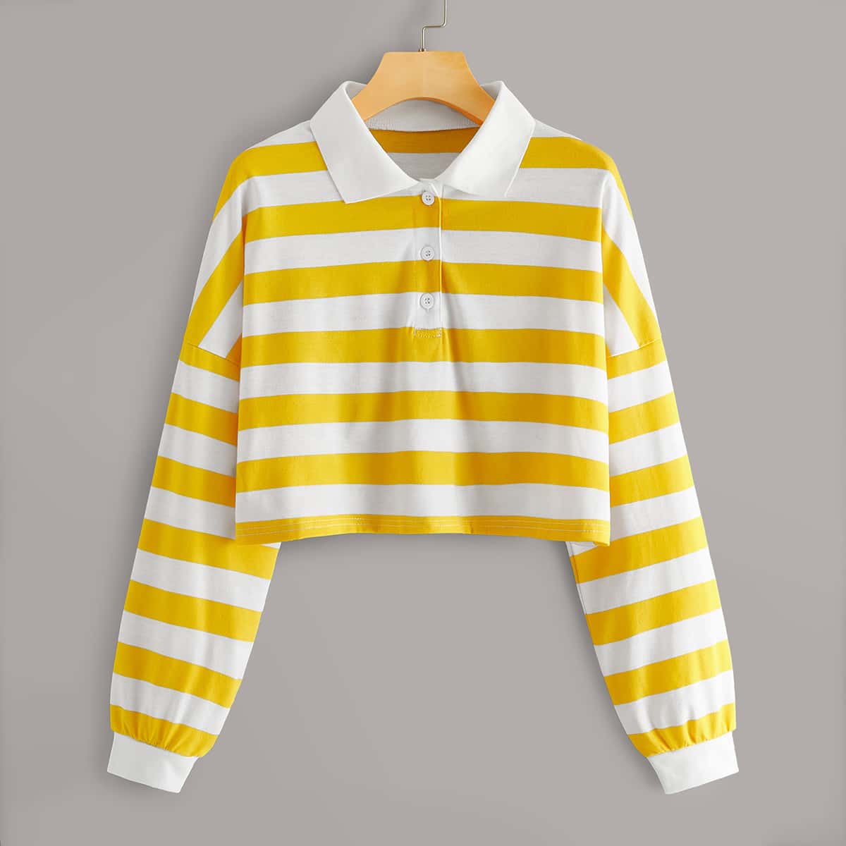 

Yellow And White Striped Crop Polo Shirt