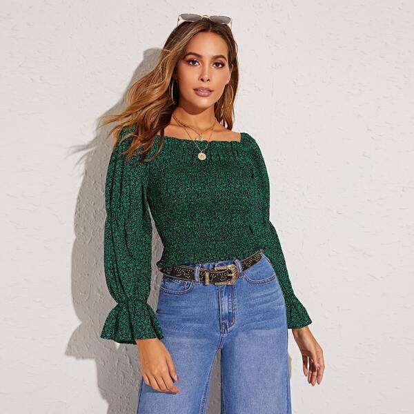 

Ditsy Floral Print Shirred Flounce Sleeve Blouse, Dark green