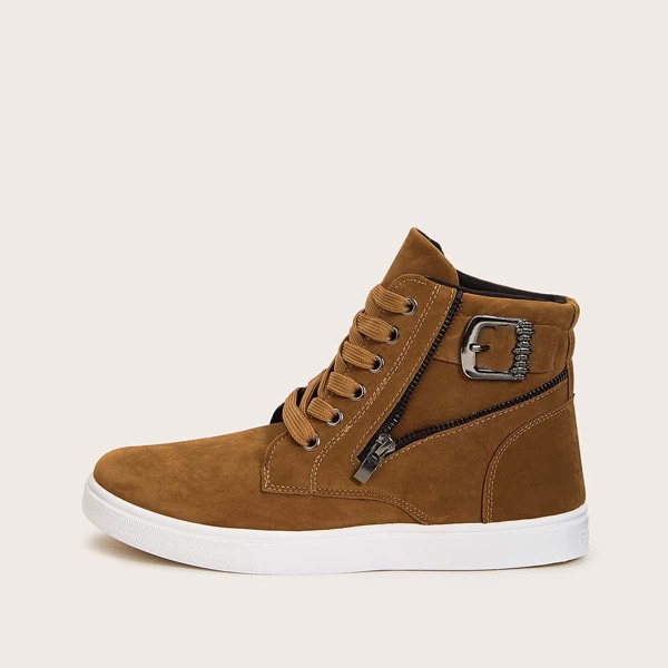 

Men Side Zip Decor Lace-up Front Boots, Brown