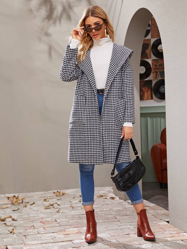 

Houndstooth Print Pocket Front Hooded Coat, Black and white, Nathane
