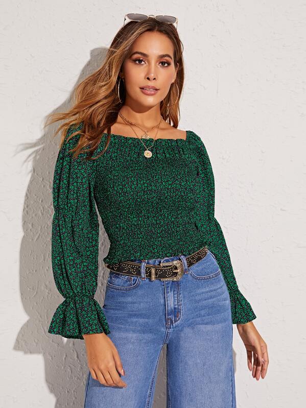 

Ditsy Floral Print Shirred Flounce Sleeve Blouse, Green, Giulia