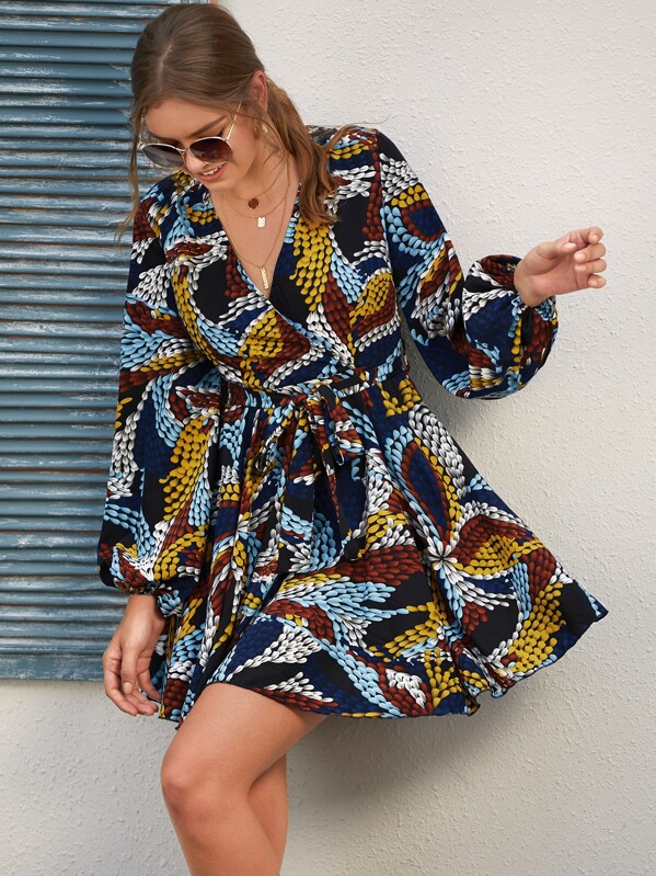 

Allover Print V-neck Blouson Sleeve Belted Dress, Multicolor, Luiza