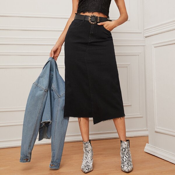 

Raw Hem Pencil Denim Skirt Without Belt, Black