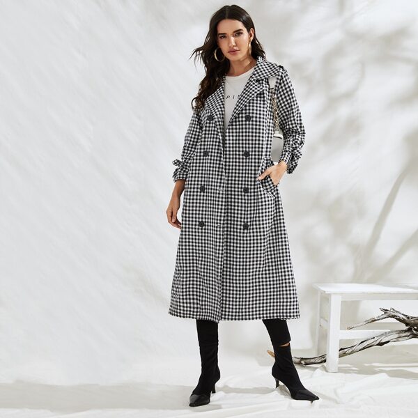 

Gingham Double-breasted Belted Longline Trench Coat, Black and white
