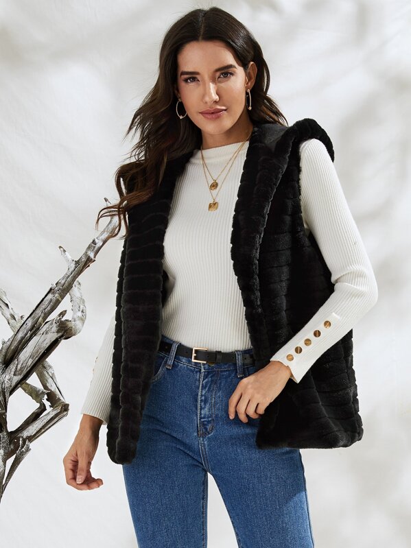 

Solid Faux Fur Hooded Gilet, Black, Juliana