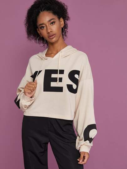 Letter Graphic Drop Shoulder Drawstring Hoodie