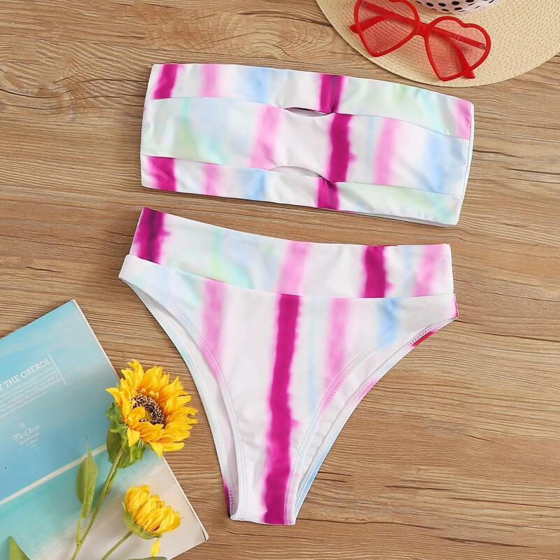 

Tie Dye Bandeau With High Waist Bikini Set, Multicolor