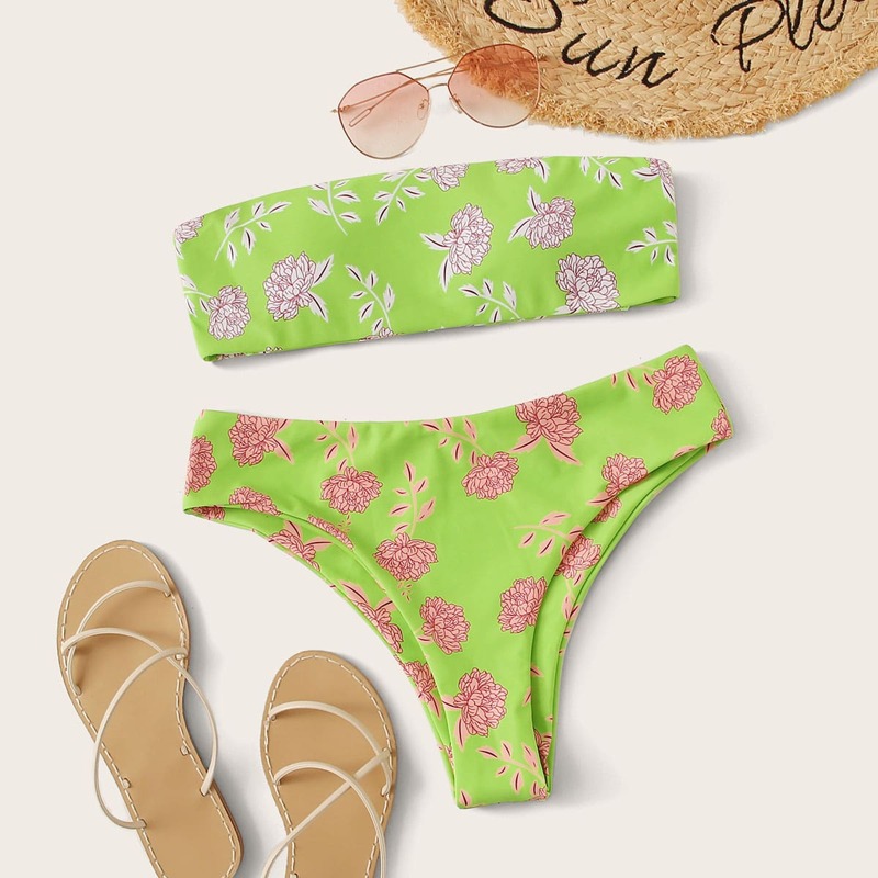 

Floral Print Bandeau Bikini Set, Green