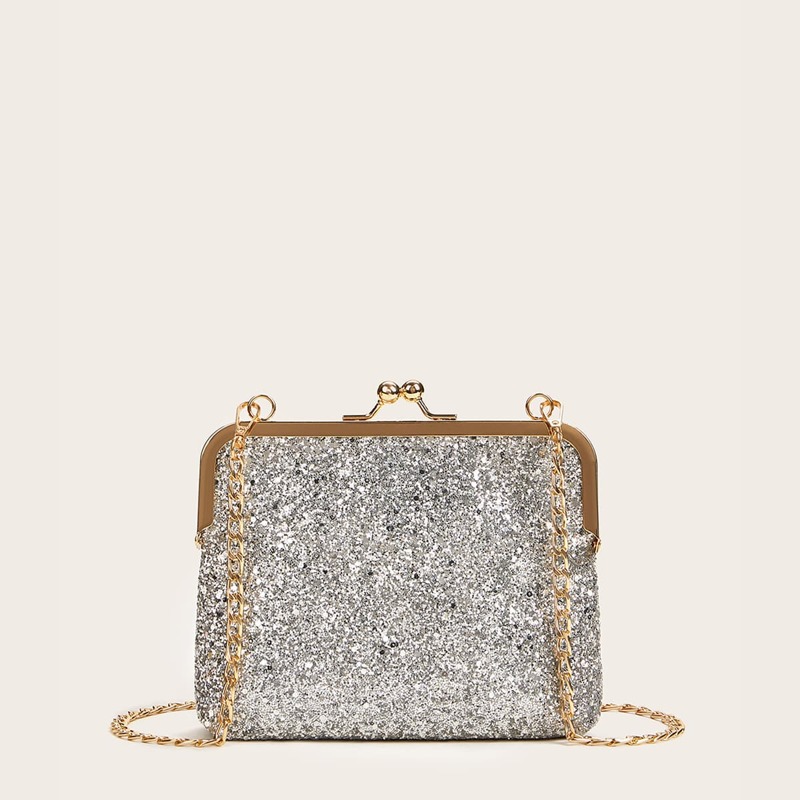 

Kiss Lock Glitter Evening Clutch, Silver