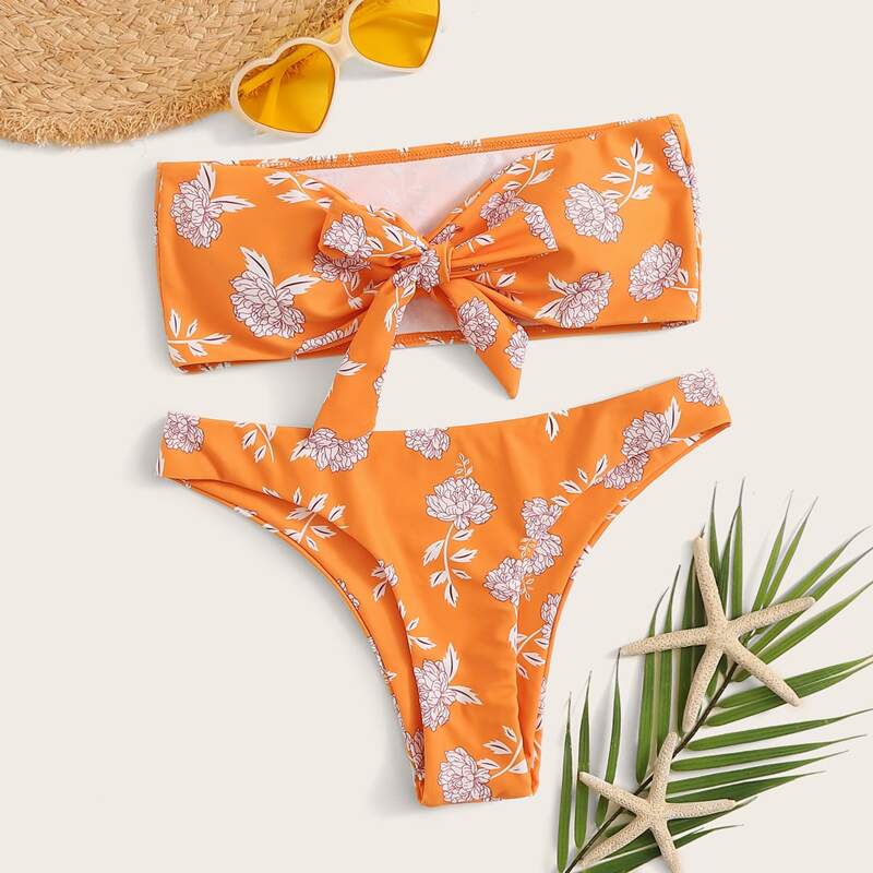 

Floral Print Knot Front Bandeau Bikini Set, Orange