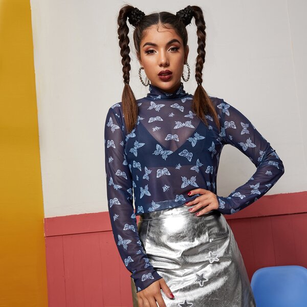 

All Over Butterfly Print Sheer Mesh Top, Navy