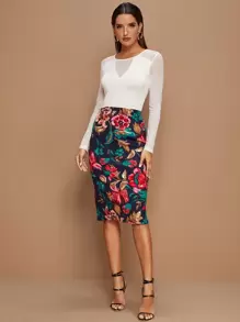 SHEIN Clasi Falda lápiz con estampado floral - Multicolor - Ver 4