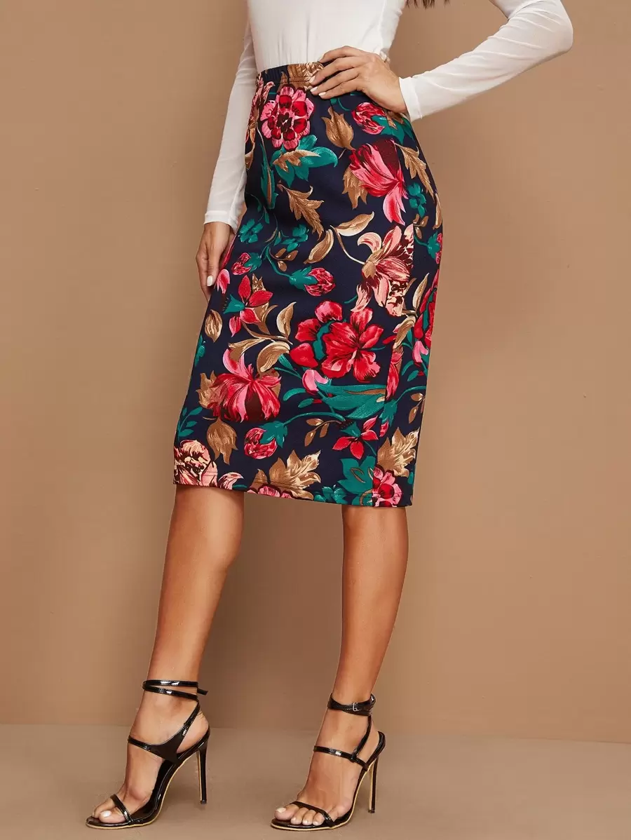 SHEIN Clasi Falda lápiz con estampado floral - Multicolor - Ver 1