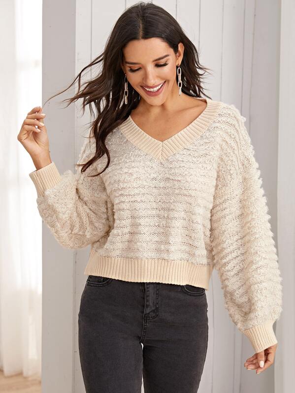 

V-neck Lantern Sleeve Loop Knit Sweater, Beige, Juliana