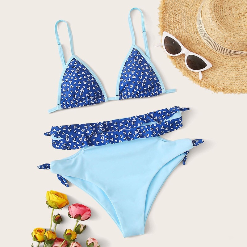 

Calico Print Triangle Top With High Waist Bikini, Blue