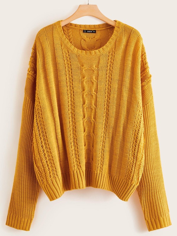 

Plus Drop Shoulder Cable Knit Sweater, Yellow