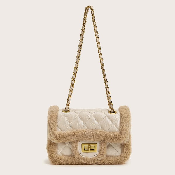 

Twist Lock Quilted Fluffy Chain Bag, Beige