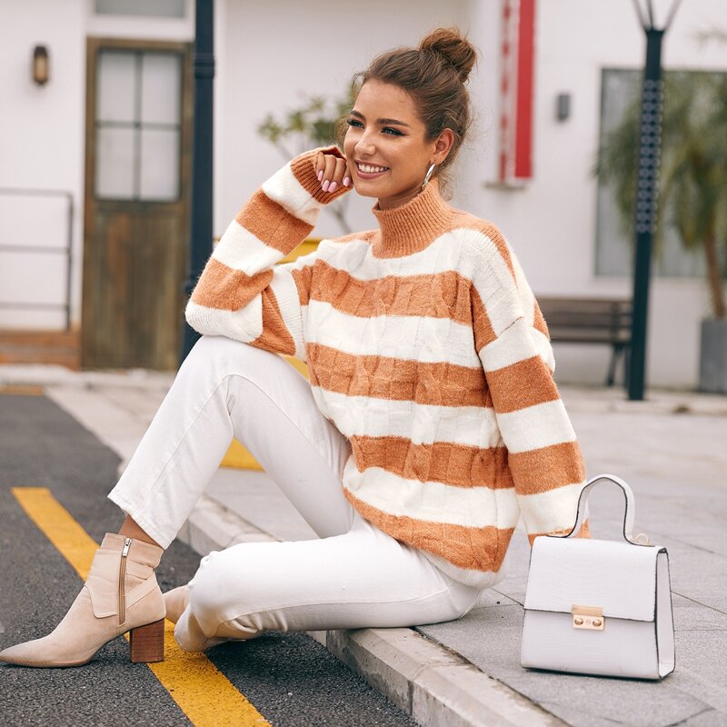 

High Neck Two Tone Cable Knit Sweater, Multicolor